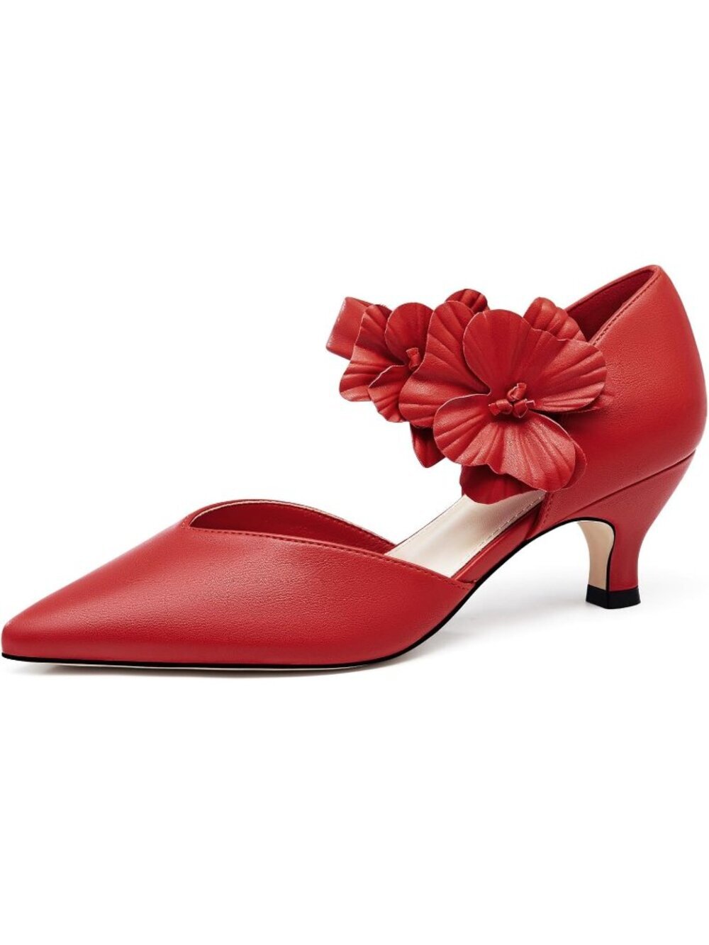 Women's Red Low Kitten Heel Comfortable Closed Toe Flower Slip On Shoes